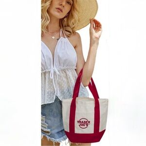 Trader Joe's Red and Cream Mini Canvas Tote Bag